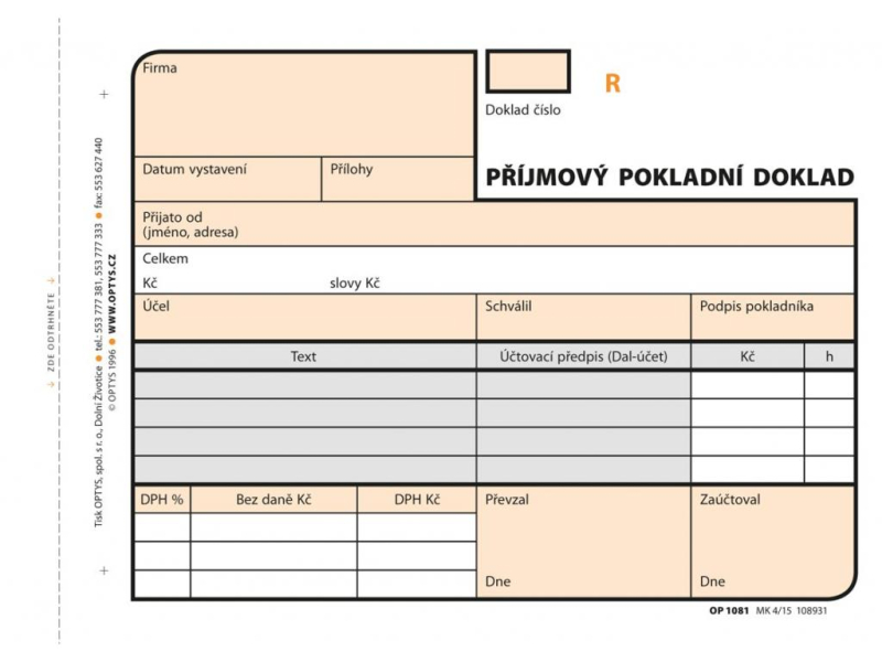 Příjmový pokladní doklad s DPH, číslovaný, samopropisovací, Optys