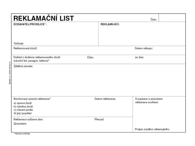 Reklamační listy A5, samopropisovací, PT190, Baloušek