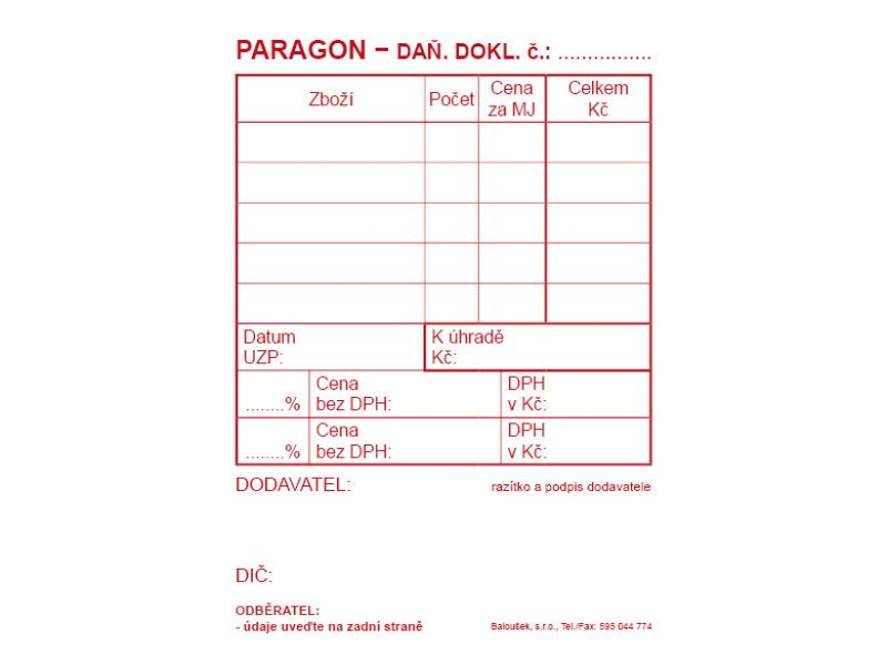 Paragon A7, s DPH, samopropisovací, 50ls, PT009, Baloušek