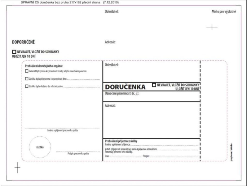 Doručenka C5, správní řád, bez pruhu