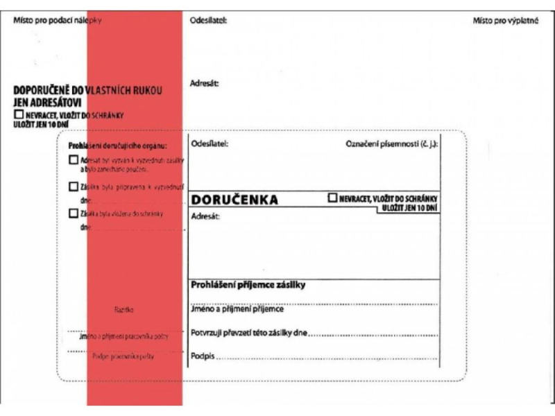 Doručenka B6, správní řád, červený pruh