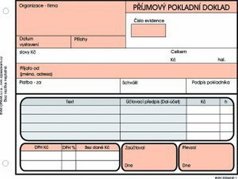 Příjmový pokladní doklad, podvojné účetnictví, samopropisovací, číslovaný, RVM