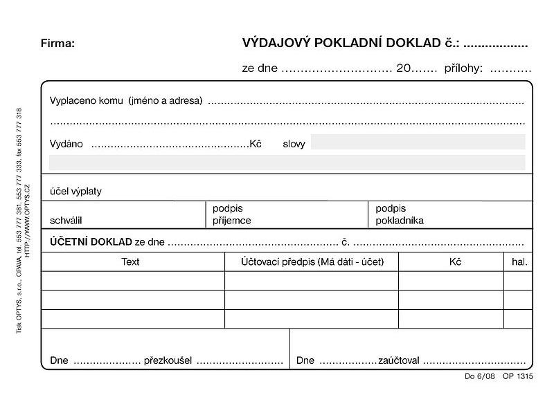 Výdajový pokladní doklad, podvojné účetnictví, samopropisovací, Optys