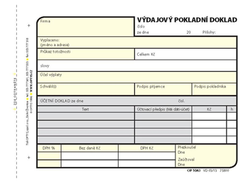 Výdajový pokladní doklad s DPH, samopropisovací, Optys