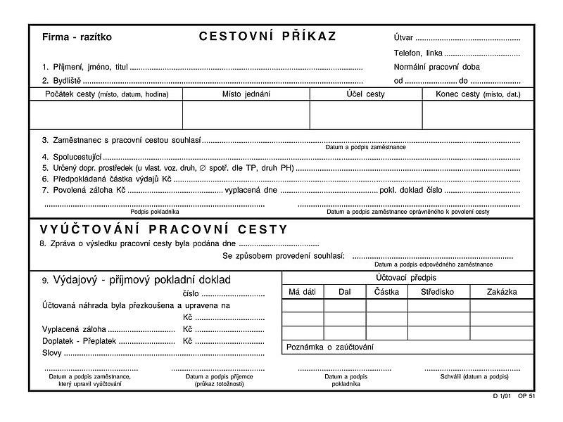 Cestovní příkaz s vyúčtováním A5, Optys