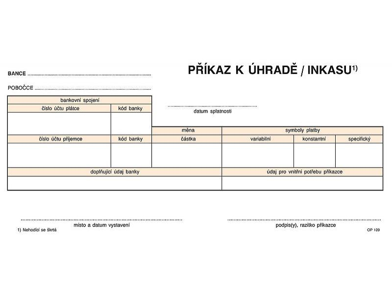 Příkaz k úhradě 1-3 A4, samopropisovací, Optys