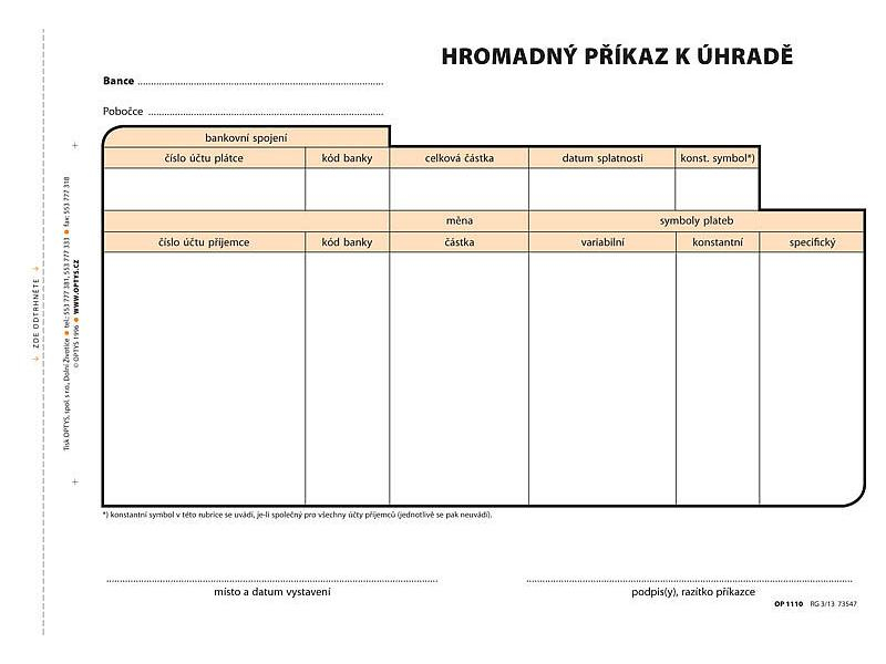 Hromadný příkaz k úhradě A5, samopropisovací, Optys