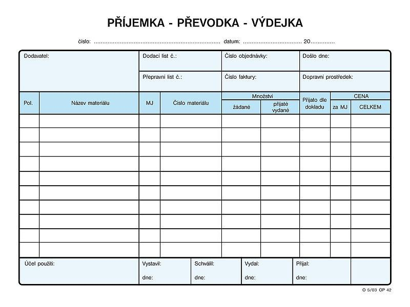 Příjemka, převodka, výdejka A5, Optys