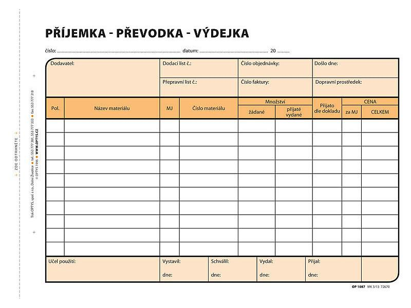 Příjemka, převodka, výdejka A5, samopropisovací, Optys