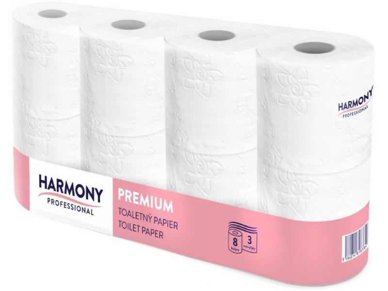 Toaletní papír, 3 vrstvý, 250 útržků, 8 rolí, Harmony